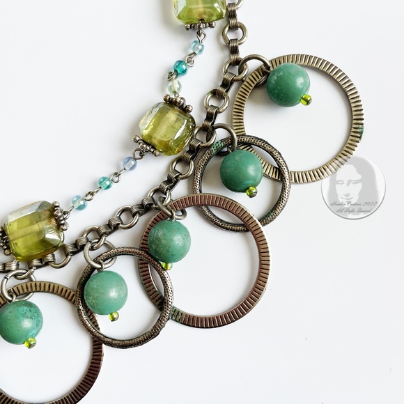 Treska Necklace Choker Beads Silver Metal Rings Stones Multi-Chain Mod Chic - Picture 9 of 10